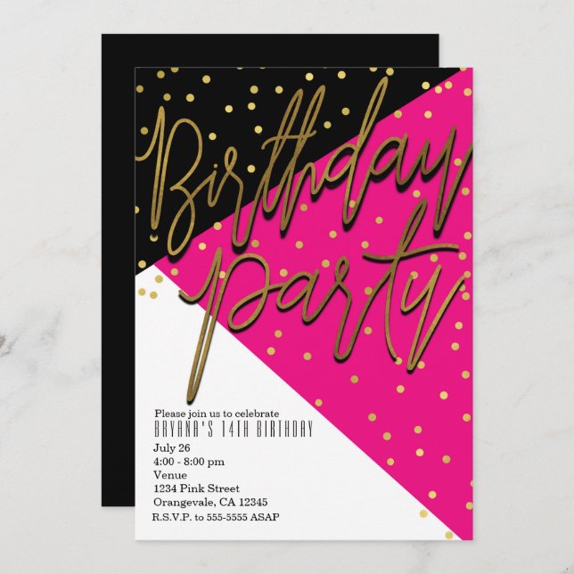 Color Block Pink Black Gold Birthday Invitations (Front/Back)