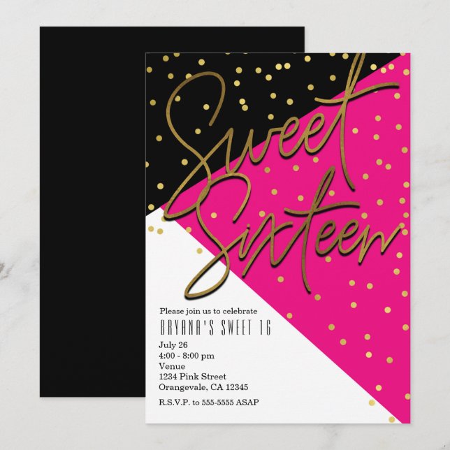 Color Block Pink Black Gold Sweet 16 Invitations (Front/Back)