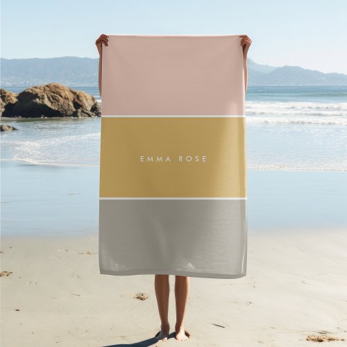 Color Block Pink Gold Gray Stripe Monogram Beach Towel