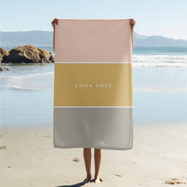 Color Block Pink Gold Gray Stripe Monogram Beach Towel (Creator Uploaded)