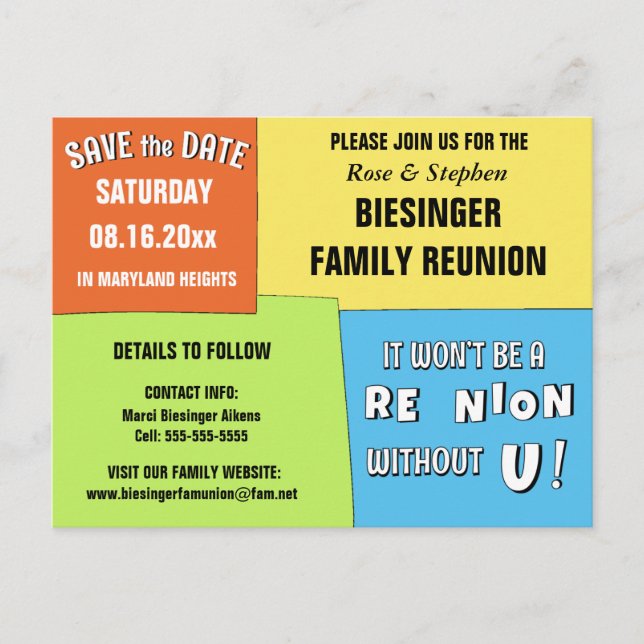 Color Block Save the Date Reunion Postcard (Front)