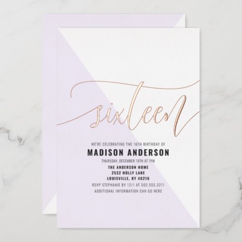 Color Block Sixteen  Modern Simple Birthday Party Foil Invitation