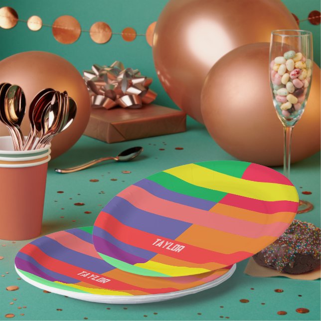 Color block Stripe Monogram Name Rainbow Paper Plates (Multi)
