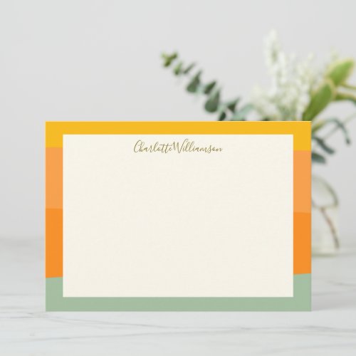 Color Block Stripes Orange Sage Green Personalized Note Card