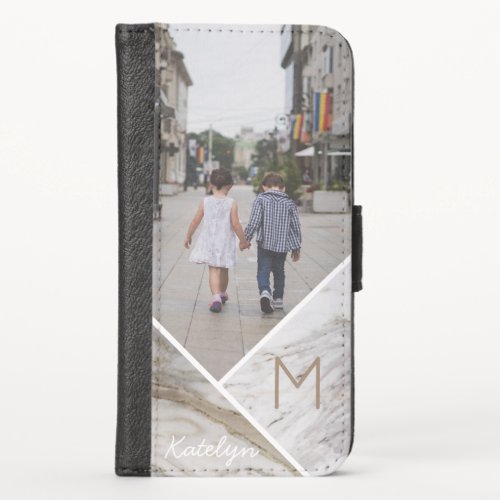 Color Block White Marble Monogram Custom Photo iPhone XS Wallet Case