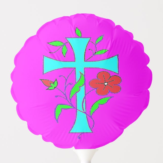 Color blushing pink with red flowers blue cross balloon (Front)