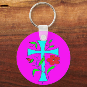 Color blushing pink with red flowers blue cross keychain
