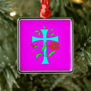 Color blushing pink with red flowers blue cross metal ornament
