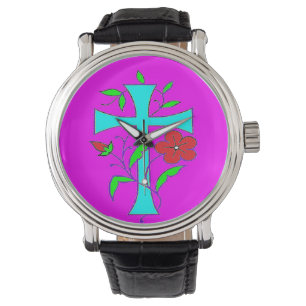 Color blushing pink with red flowers blue cross watch