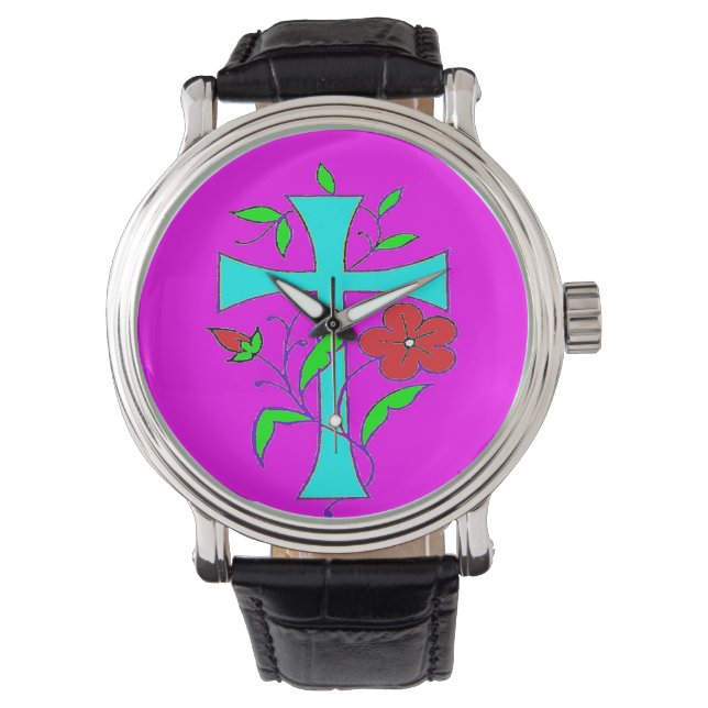 Color blushing pink with red flowers blue cross watch (Front)