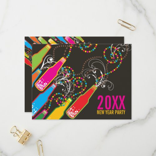 Color Bubbly Bottles New Years Eve Holiday Party Invitation Postcard