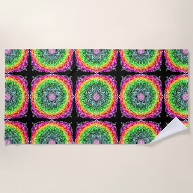 Color Burst Rainbow Prism Mandala Beach Towel (Front)