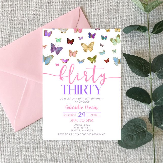 Color Butterfly Flirty Thirty 30th Birthday Party Invitation (Creator Uploaded)