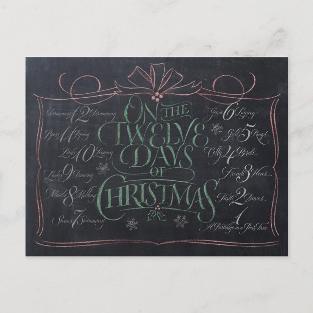Color Chalkboard Lettering '12 Days of Christmas' Holiday Postcard (Front)