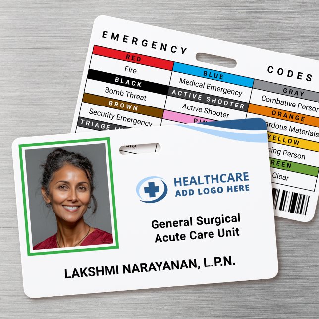 Color Coded Frame Hospital Employee Photo ID Badge (Double-sided photo ID badge with custom emergency codes and barcode image)