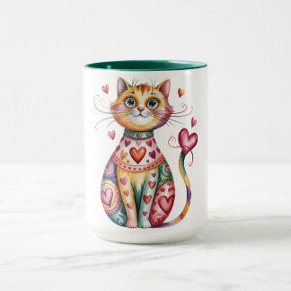 Color coffee mug with design of cat and hearts