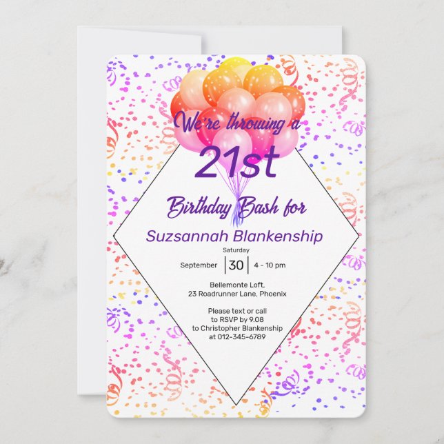 Color Confetti Balloon Custom Birthday party Invitation (Front)