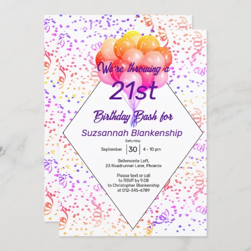 Color Confetti Balloon Custom Birthday party Invitation