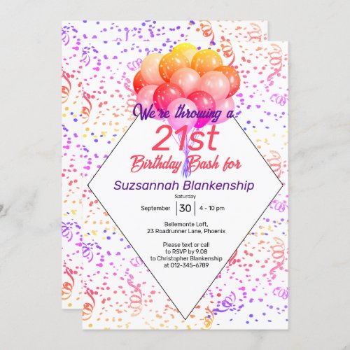 Color Confetti Balloon Custom Celebration Invitation