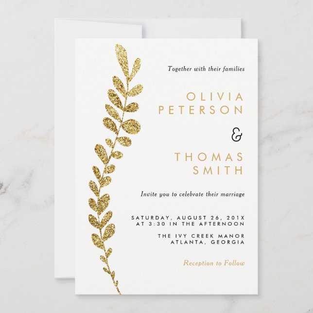 Color Editable Faux Gold Leaf Wedding Invitation (Front)