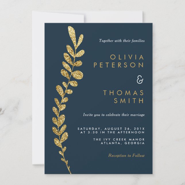 Color Editable Faux Gold Leaf Wedding Invitation (Front)