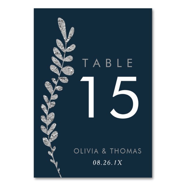 Color Editable Faux Silver Leaf Table Number Card (Front)