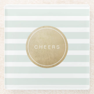 Color editable modern simple cheers mint stripes glass coaster