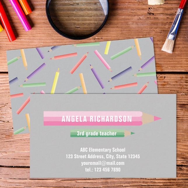 Color Editable Pencils on Gray Elementary Teacher Business Card (Creator Uploaded)