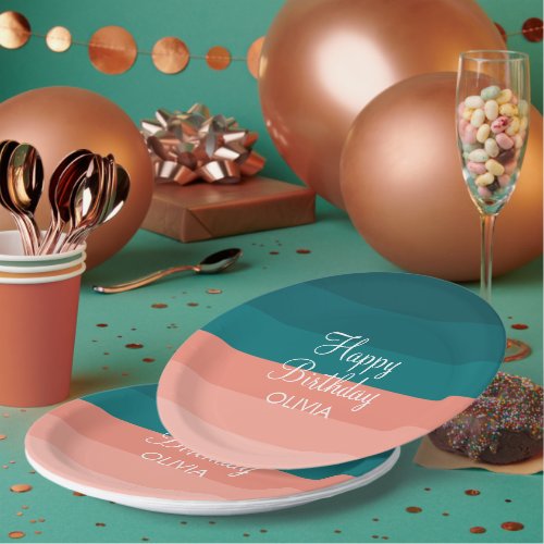 Color Emerald Green and Salmon Stripe Monogram Paper Plates