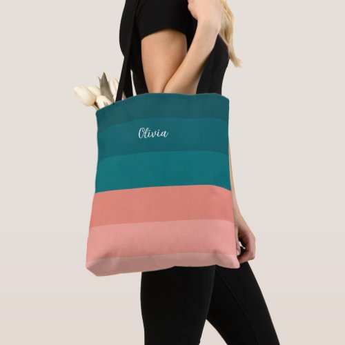 Color Emerald Green and Salmon Stripe Monogram Tote Bag