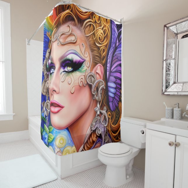Color-Exploding Drag Queen Artwork Design Shower Curtain (In Situ)