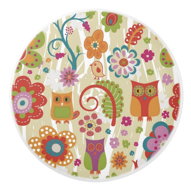 Color Floral and Owl Ceramic Knob (Front)