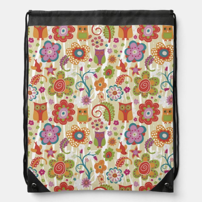 Color Floral and Owl Drawstring Bag (Front)