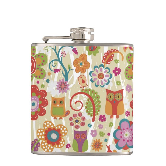 Color Floral and Owl Flask (Front)
