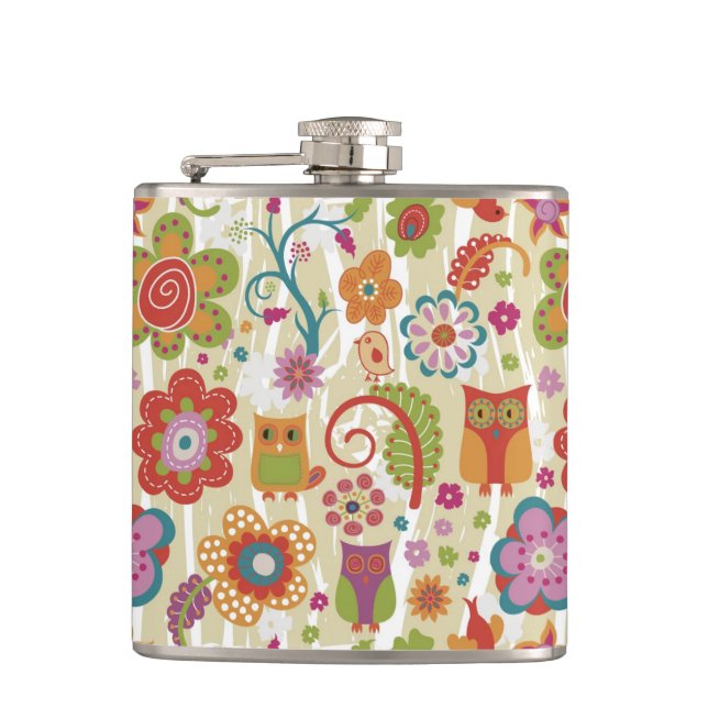 Color Floral and Owl Flask (Front)