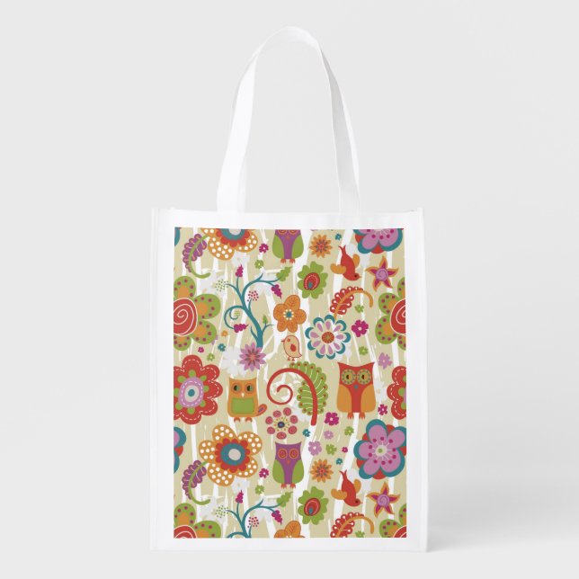 Color Floral and Owl Grocery Bag (Front)