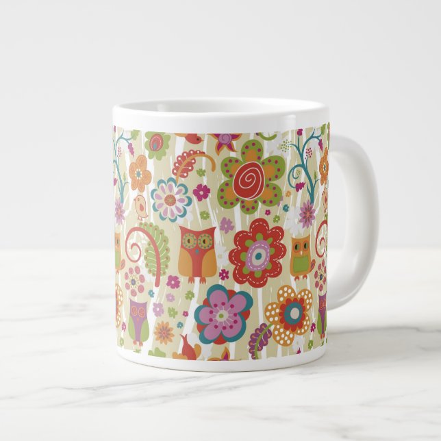 Color Floral and Owl Large Coffee Mug (Front Right)