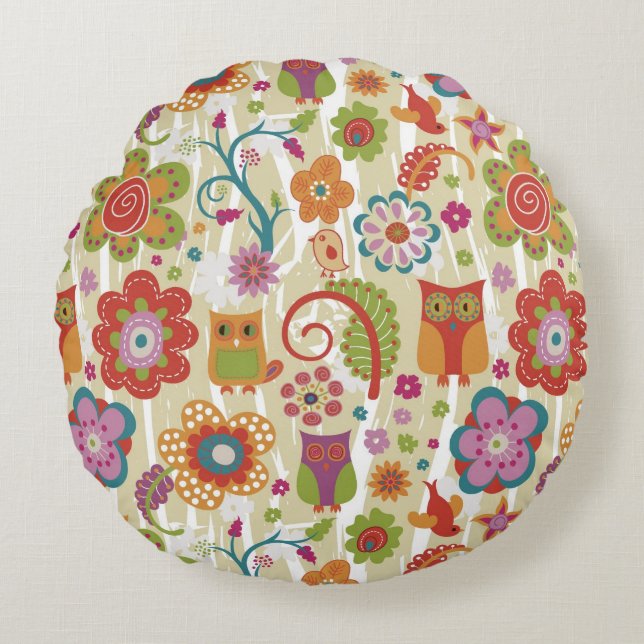 Color Floral and Owl Round Pillow (Front)