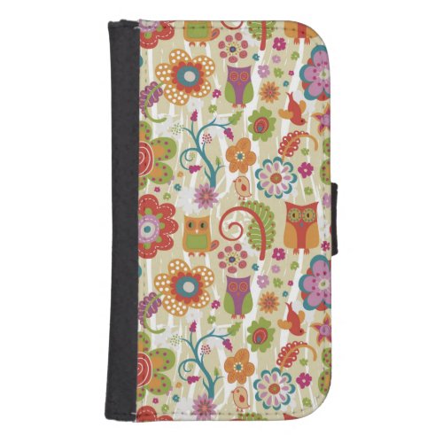 Color Floral and Owl Galaxy S4 Wallet Case