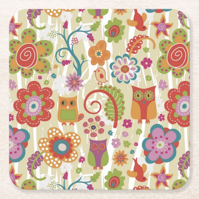 Color Floral and Owl Square Paper Coaster (Front)