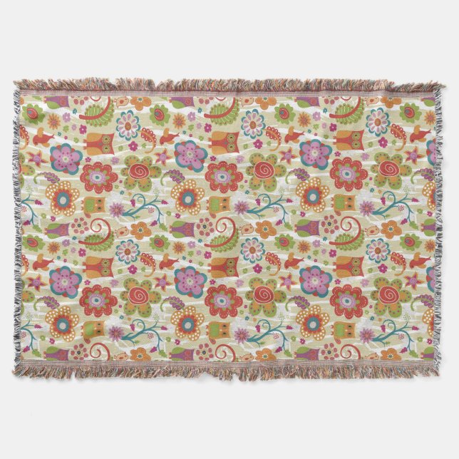 Color Floral and Owl Throw Blanket (Front)
