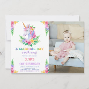 Color Floral Unicorn Birthday Invitations photo