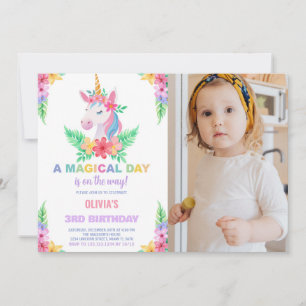 Color Floral Unicorn Birthday Invitations w photo