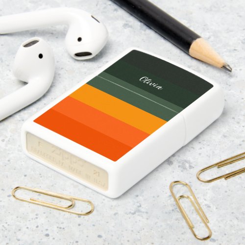 Color Forest Green And Orange Stripe Monogram Zippo Lighter