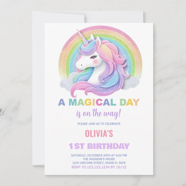 Color Glitter Unicorns Birthday Invitations (Front)