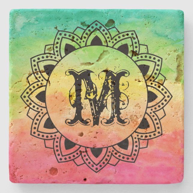 Color Gradation Ornate Black Circle & Monogram Stone Coaster (Front)