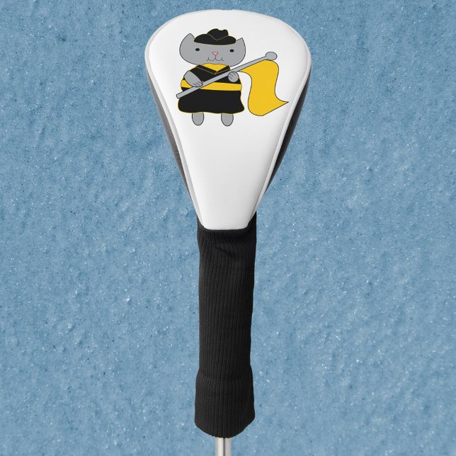 Color Guard Black Yellow Cat Golf Head Cover (A golf head cover with a gray cat wearing a yellow and black color guard uniform.)