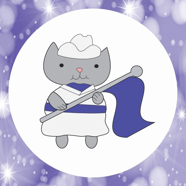 Color Guard Cat Blue White Classic Round Sticker (A cute sticker with a gray cat dressed in a blue and white color guard outfit.)