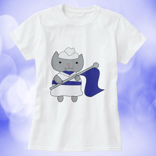 Color Guard Cat Blue White T-Shirt (A shirt with a cute kitty cat wearing a blue and white color guard uniform.)