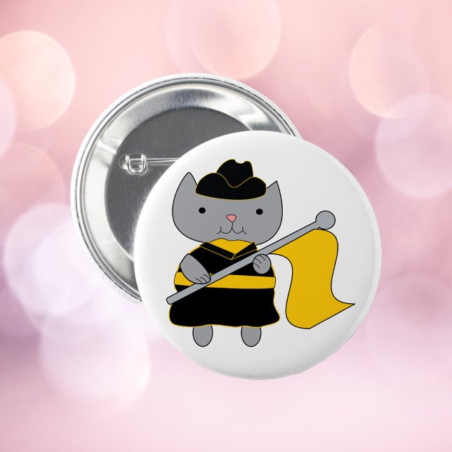 Color Guard Cat Cartoon Black Yellow Button (A pin back button featuring a gray cat wearing a black and yellow color guard uniform.)